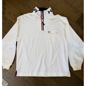 Tommy Hilfiger Mens Quarter Zip Pullover White Spell Out Collar Flag Logo Medium